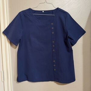 Navy-Blue Short-Sleeve Top with Grommet Detail on Front